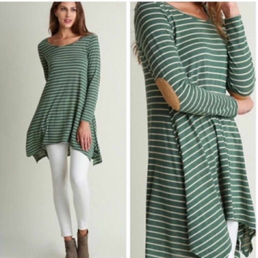 Umgee Green & Tan Striped Tunic Top w/Elbow Patches